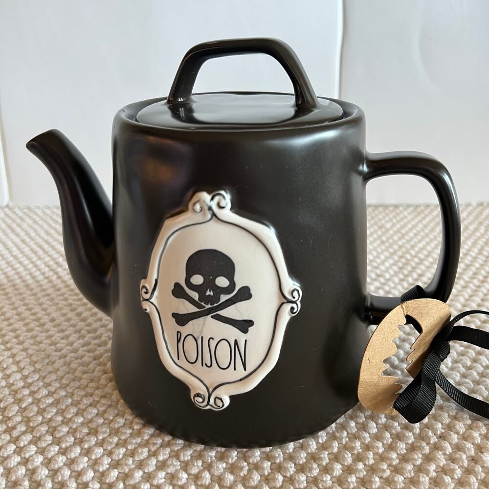 Rae Dunn Halloween Black Poison Teapot Witch Brew Party Skull Bones